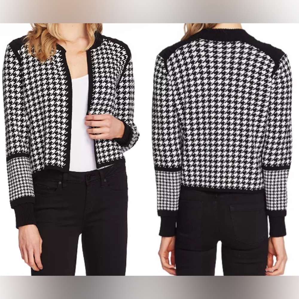 Vince Camuto Cotton Houndstooth Sweater Jacket - black/white, L